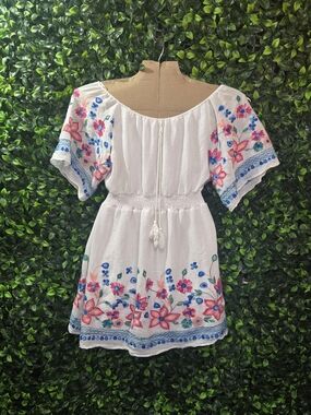 Boho Embroidered White Midi Dress with Pink & Blue Floral Accents